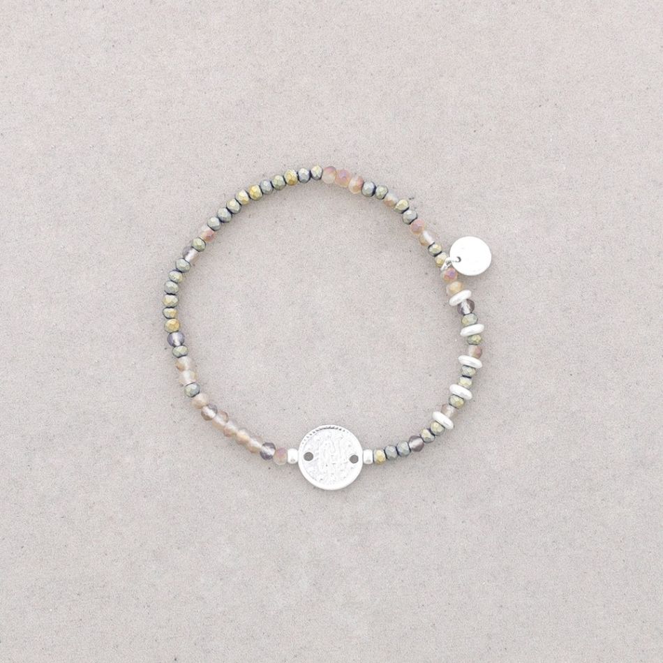 PULSERA ELÁSTICA CUENTAS CRISTAL MONEDA METAL