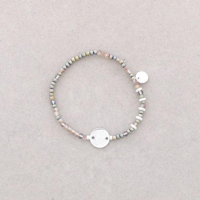 PULSERA ELÁSTICA CUENTAS CRISTAL MONEDA METAL