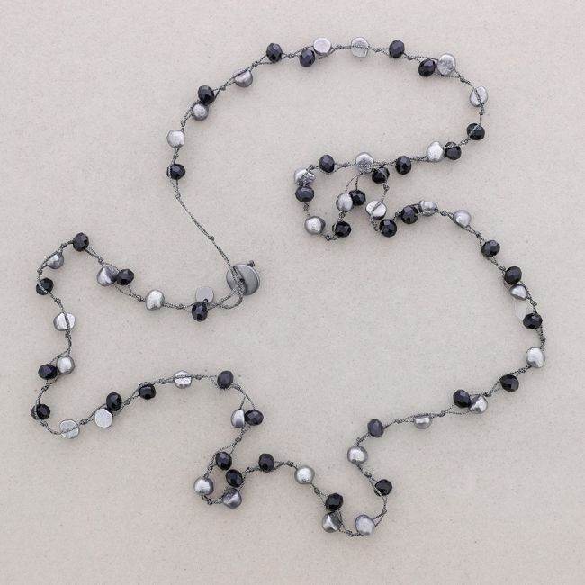 LONG BRAIDED NECKLACE WITH BIMATERIAL BEADS