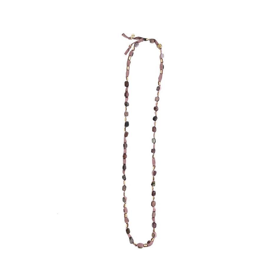 LONG TUBE NECKLACE WITH METAL IMITATION BEADS STONES