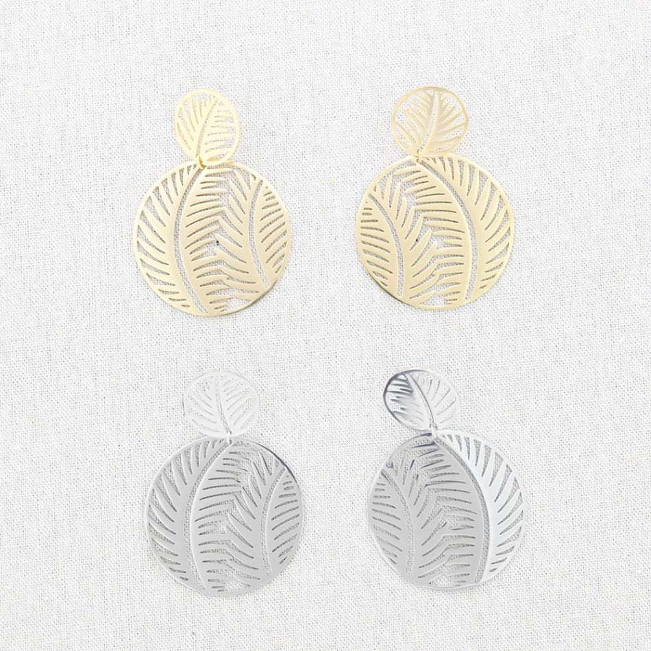 STEEL DOUBLE LEAVES MEDAL EARRINGS