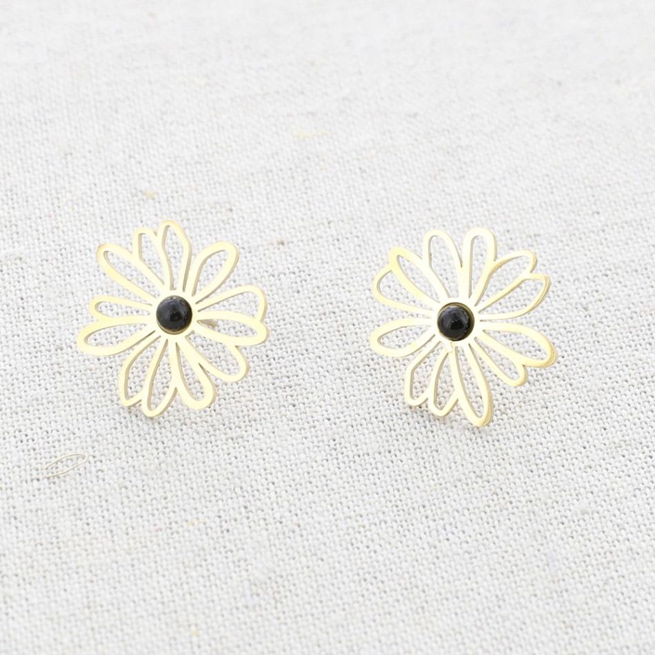 PENDIENTES ACERO FLOR PIEDRA PRESIÓN