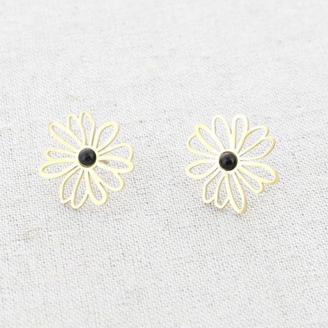 PENDIENTES ACERO FLOR PIEDRA PRESIÓN