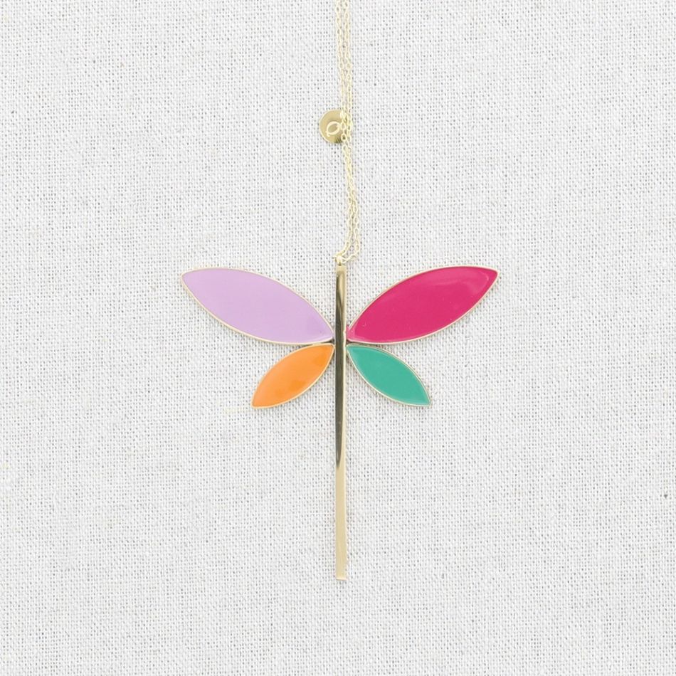 LONG STEEL ENAMEL DRAGONFLY PENDANT NECKLACE