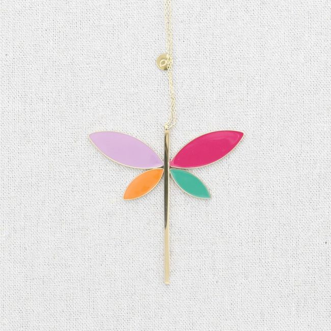 LONG STEEL ENAMEL DRAGONFLY PENDANT NECKLACE