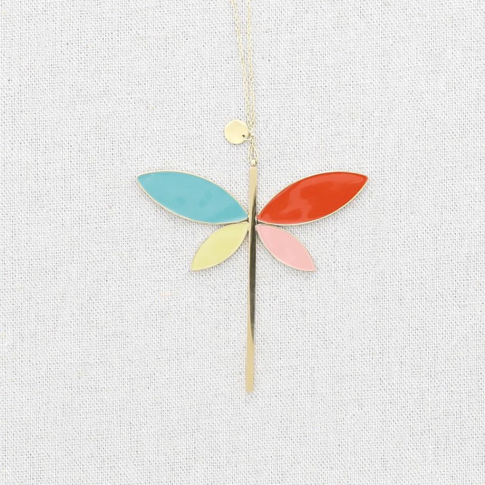 LONG STEEL ENAMEL DRAGONFLY PENDANT NECKLACE