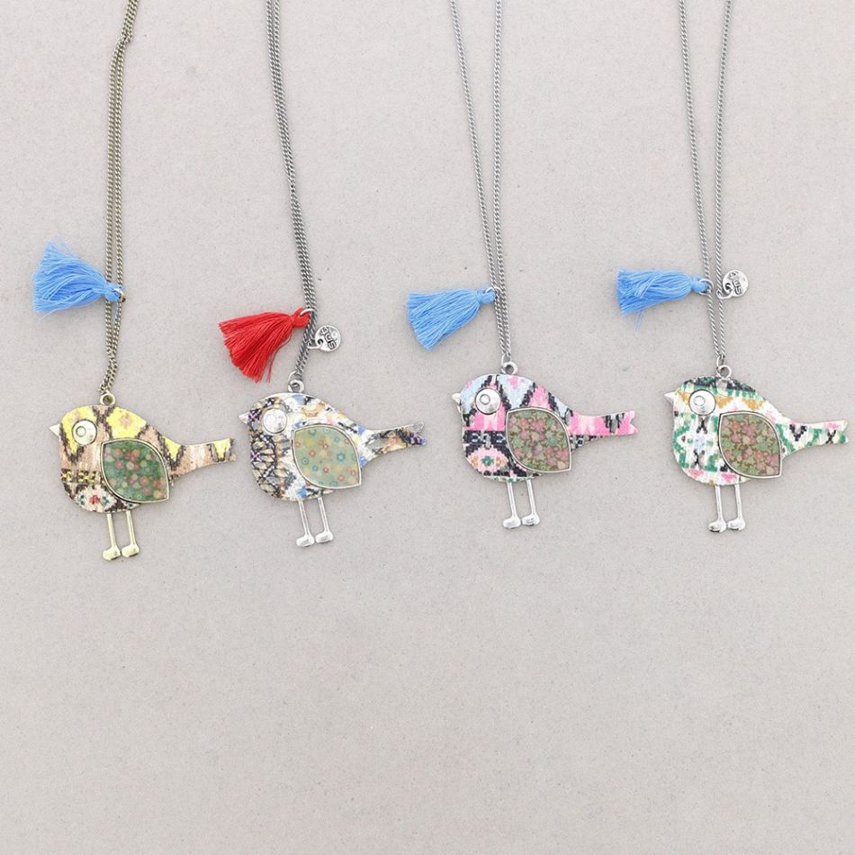 COLLAR LARGO PAJARO COLGANTE METAL ESTAMPADO