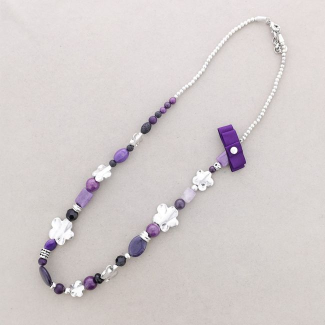 LONG NECKLACE METAL BEADS STONES
