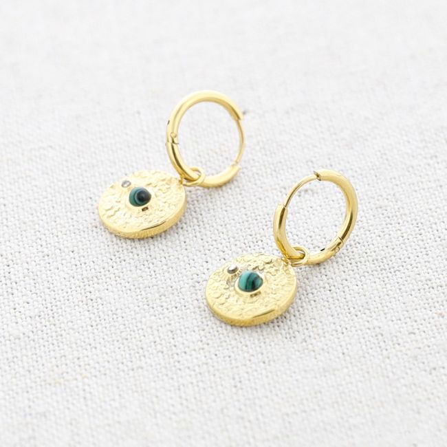 STEEL STONE MEDAL PENDANT EARRINGS