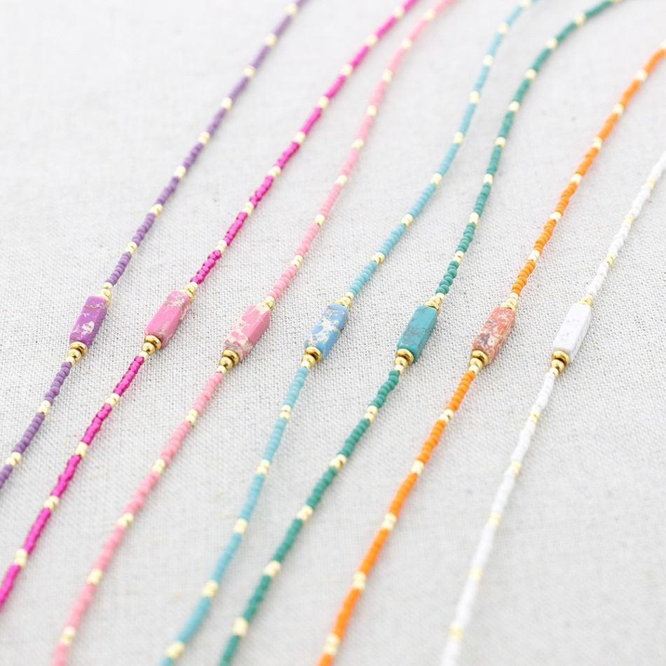 STEEL SHORT NECKLACE MIYUKI BEADS RECTANGULAR STONE