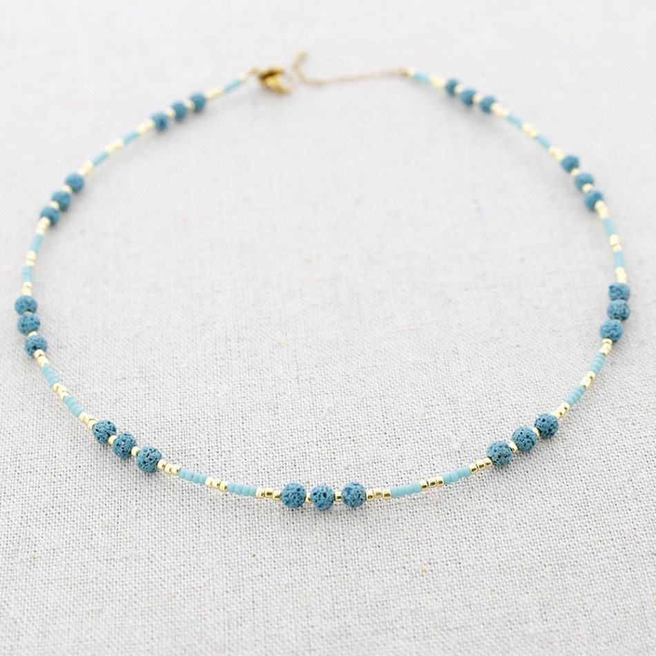 STEEL SHORT NECKLACE MIYUKI BEADS LAVA STONES