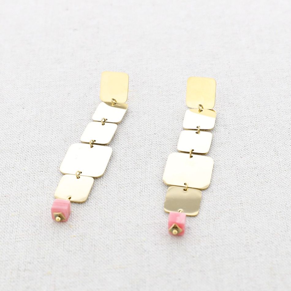 SQUARE STEEL STONE PENDANT EARRINGS