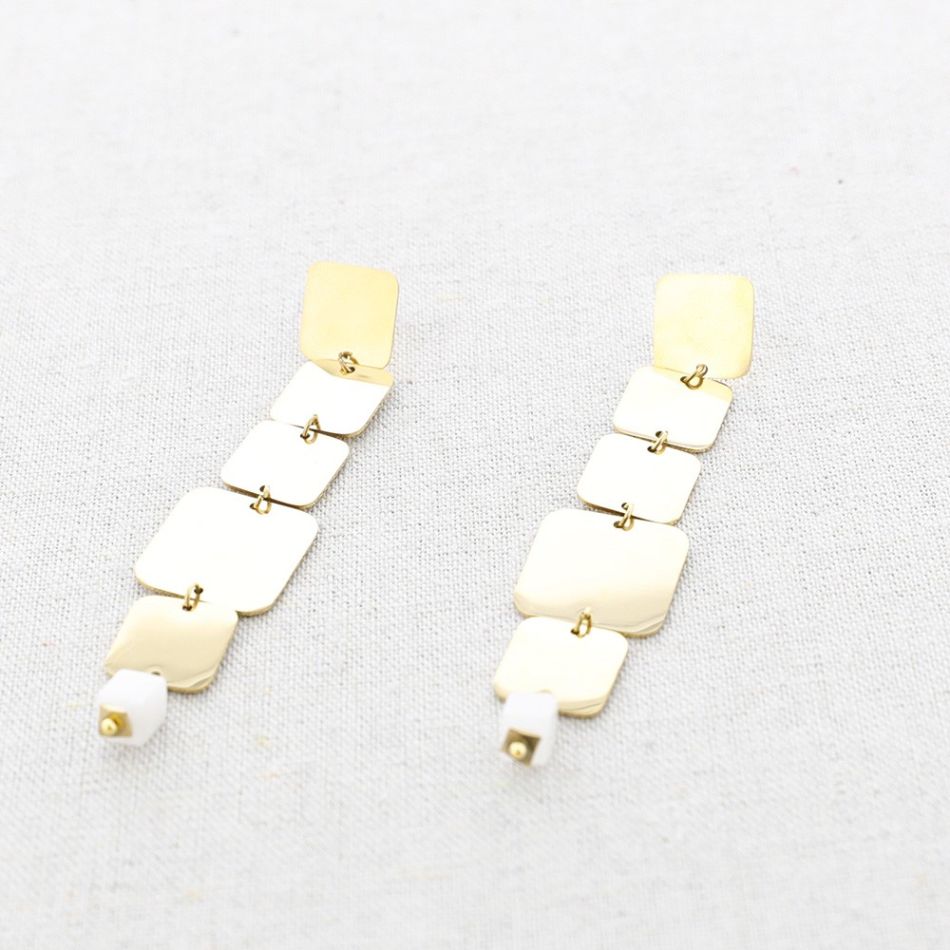 SQUARE STEEL STONE PENDANT EARRINGS
