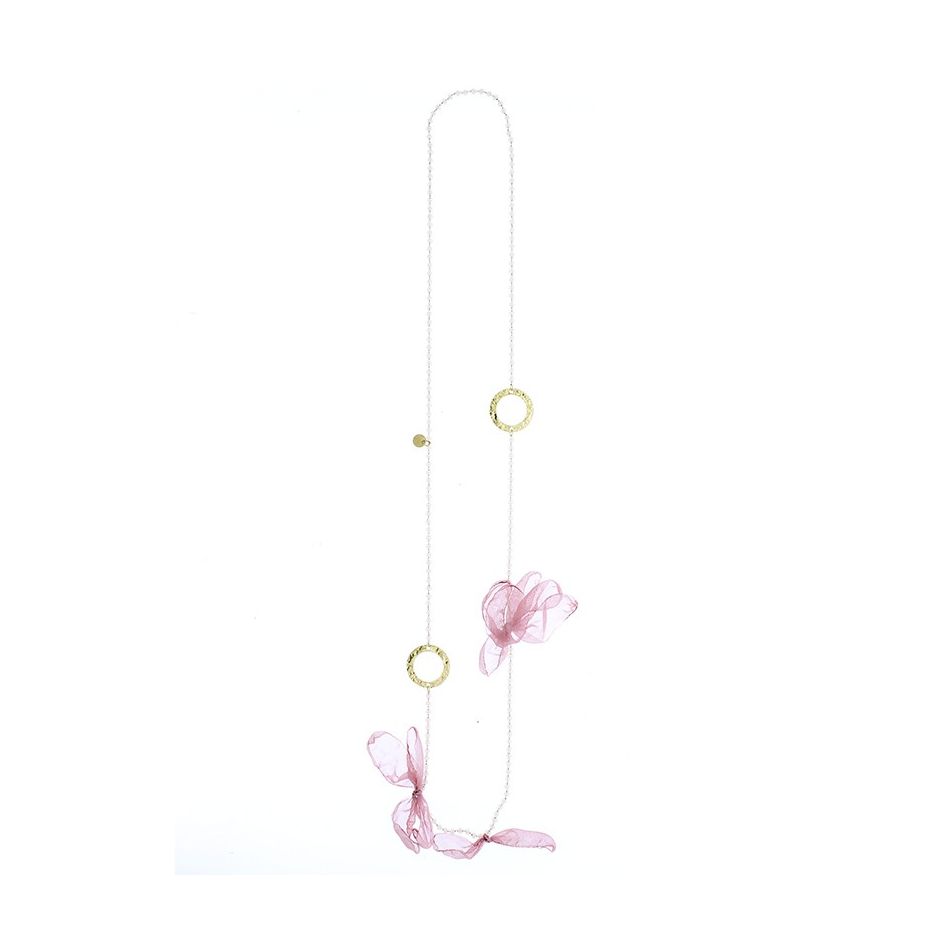 LONG NECKLACE WITH METAL RINGS FACETED CRYSTALS FABRIC FLOWERS