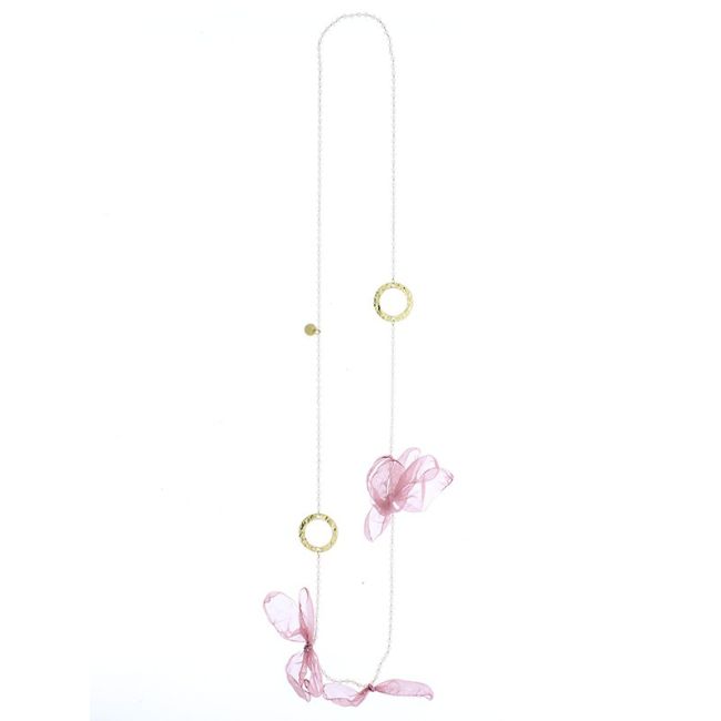 LONG NECKLACE WITH METAL RINGS FACETED CRYSTALS FABRIC FLOWERS