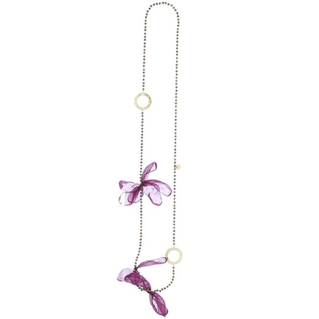 COLLAR LARGO ANILLAS METAL CRISTALES FACETADOS FLORES TELA