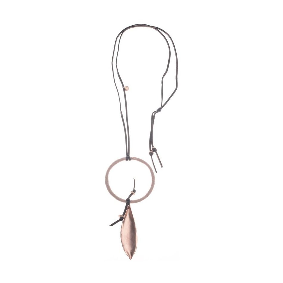 METAL LEAF RING PENDANT LONG NECKLACE