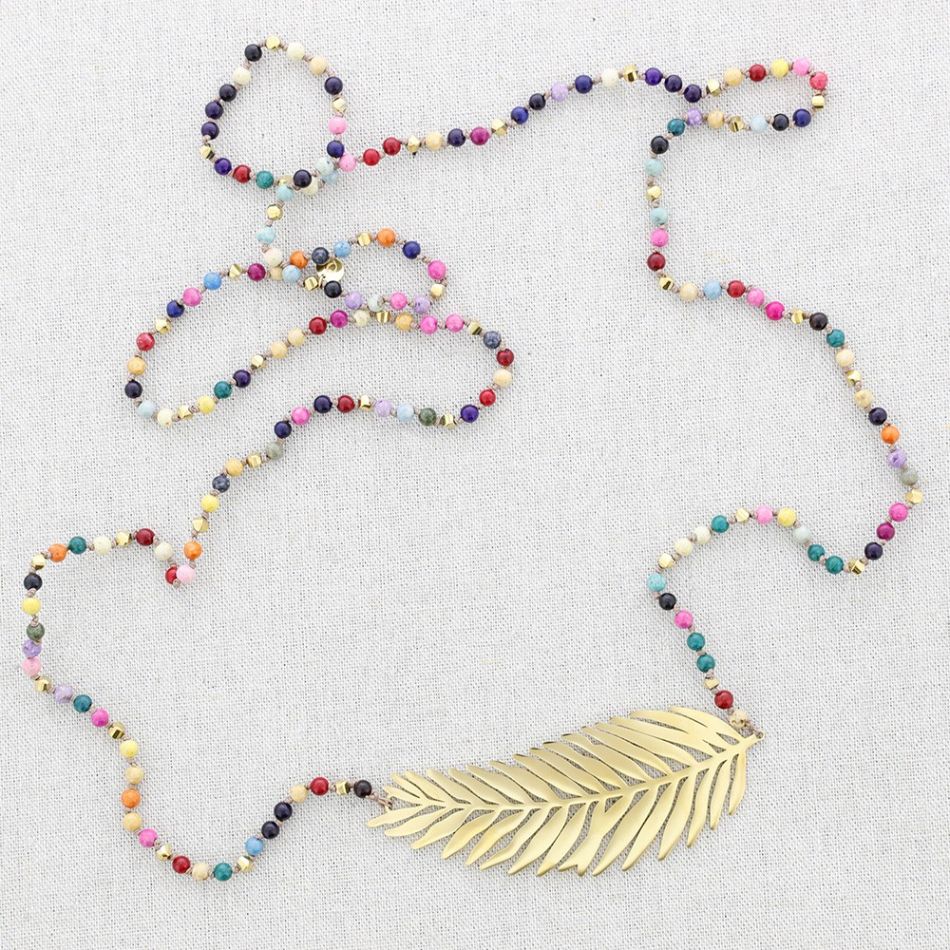 STEEL LEAF STONES LONG NECKLACE