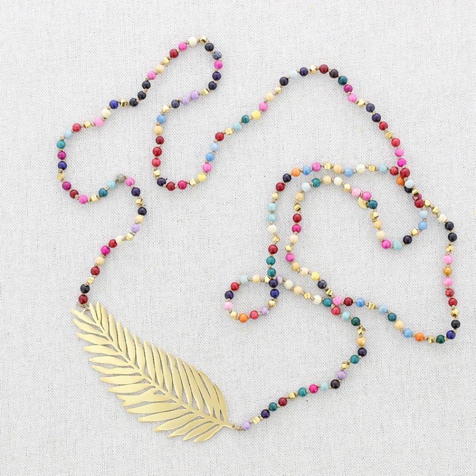 STEEL LEAF STONES LONG NECKLACE