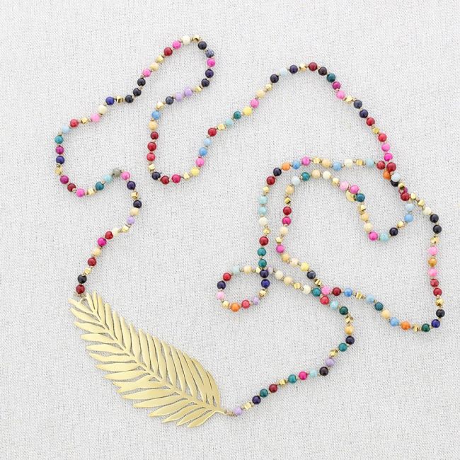 STEEL LEAF STONES LONG NECKLACE