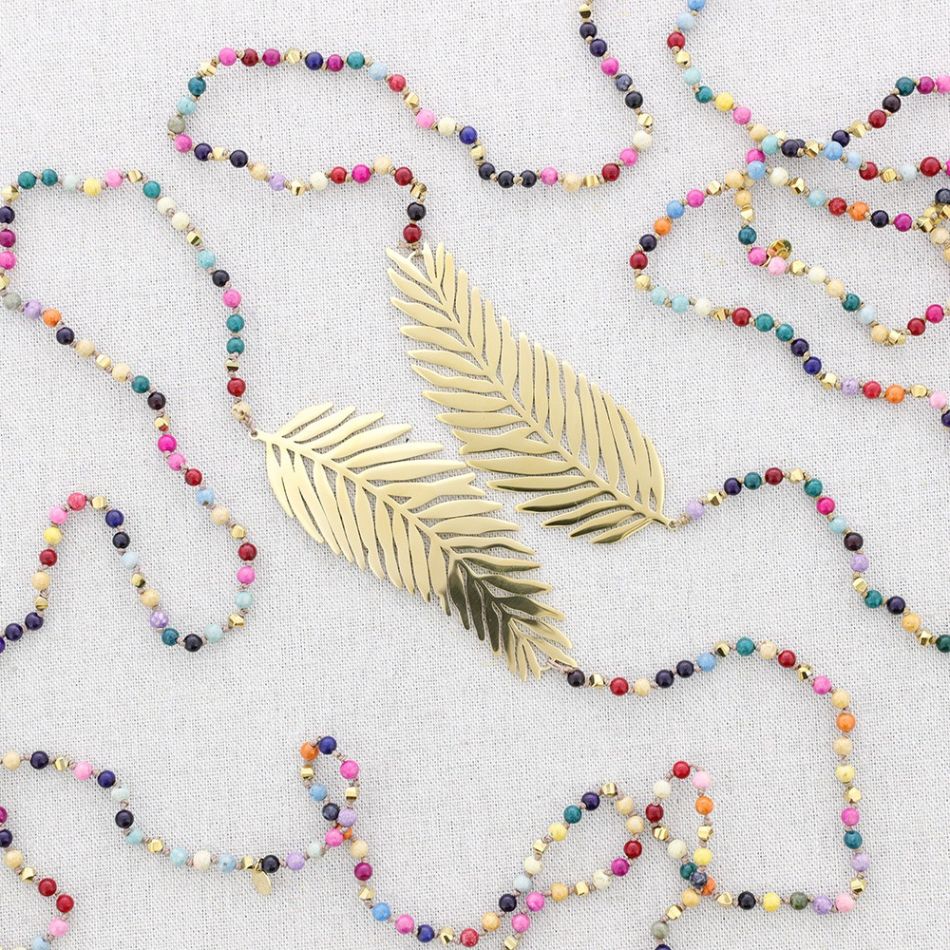 STEEL LEAF STONES LONG NECKLACE