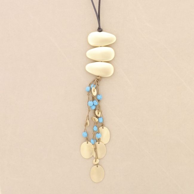 LONG NECKLACE METAL PENDANT WITH LAVA BEADS