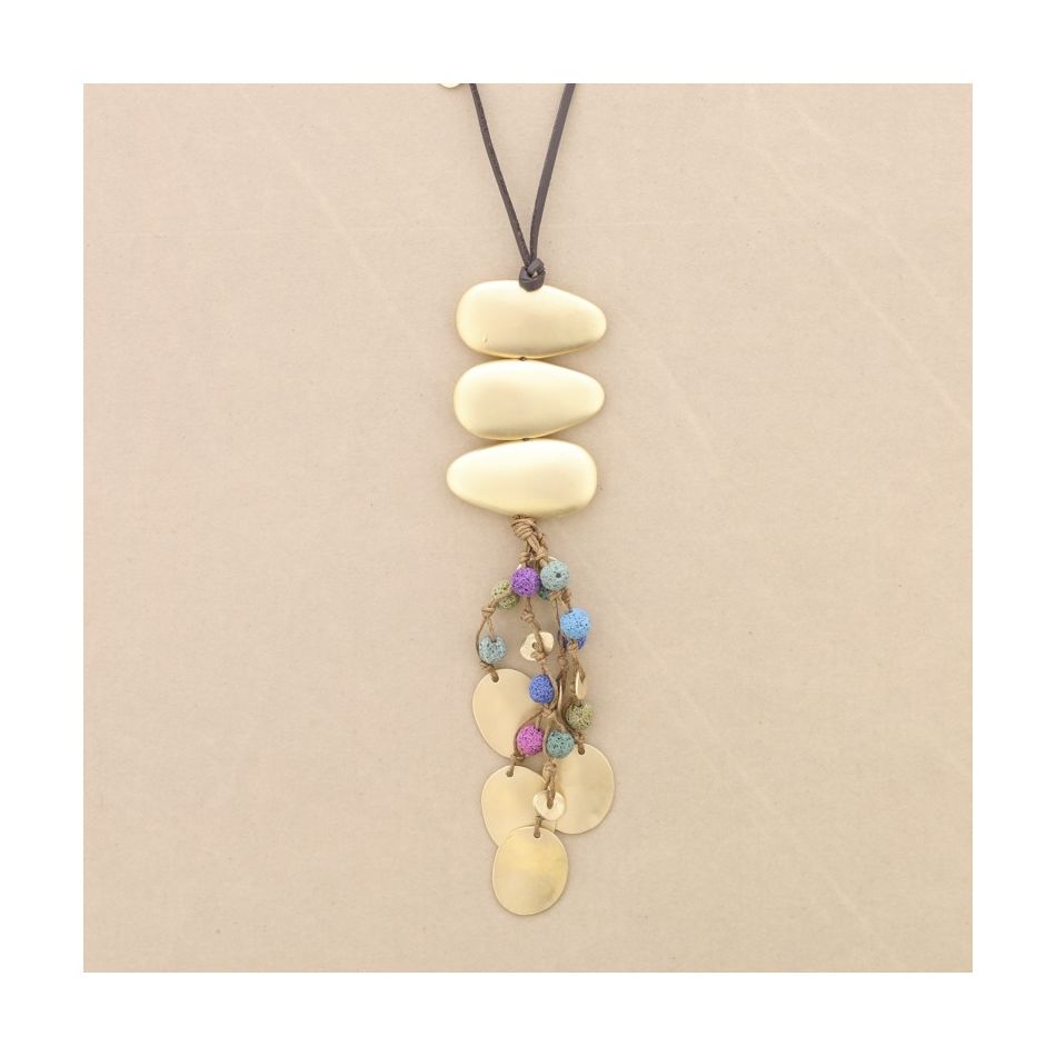 LONG NECKLACE METAL PENDANT WITH LAVA BEADS