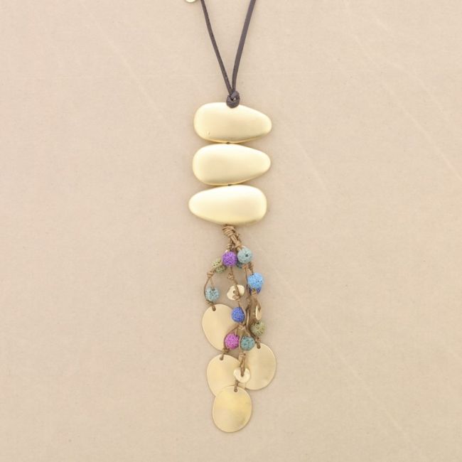 LONG NECKLACE METAL PENDANT WITH LAVA BEADS