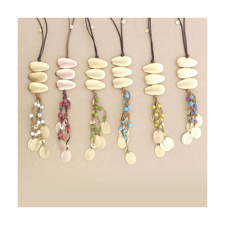 COLLAR LARGO COLGANTE METAL CUENTAS LAVAS