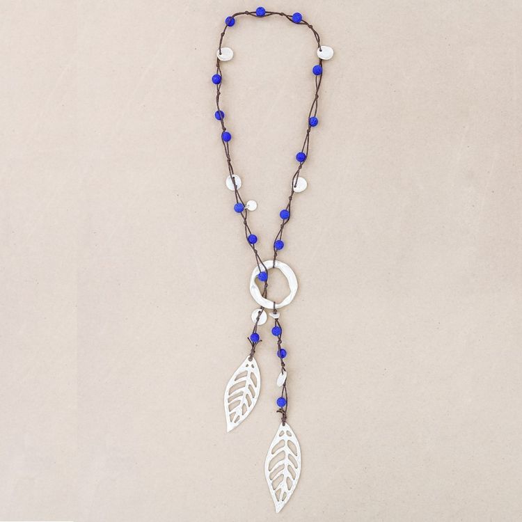 LONG NECKLACE BRAIDED LAVA BEADS METAL DOUBLE LEAF PENDANT