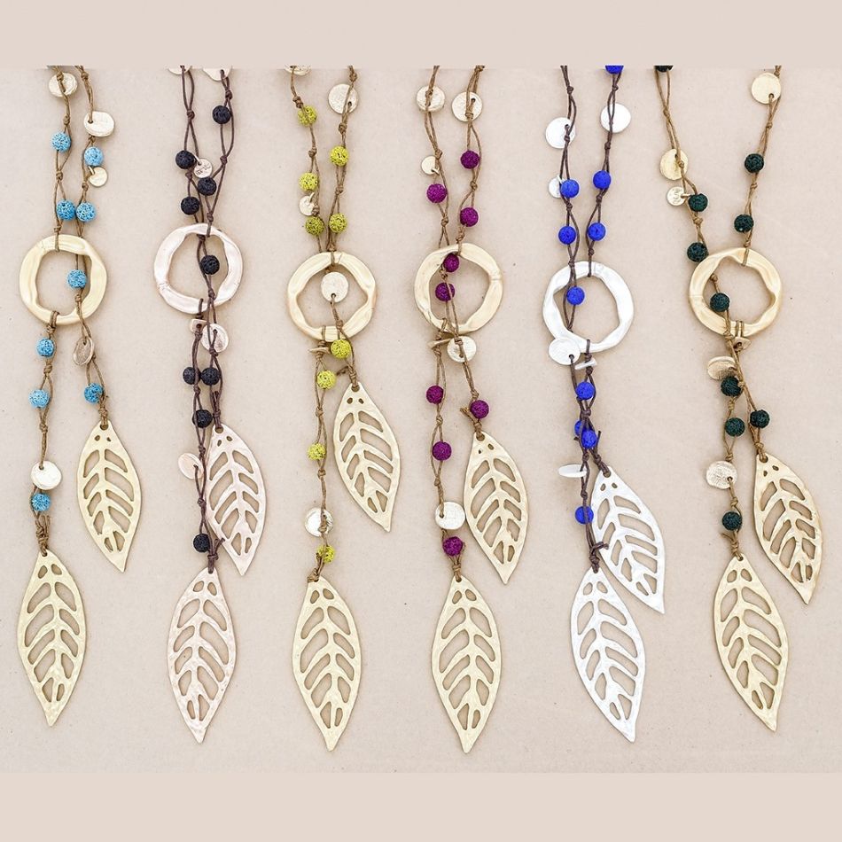 LONG NECKLACE BRAIDED LAVA BEADS METAL DOUBLE LEAF PENDANT