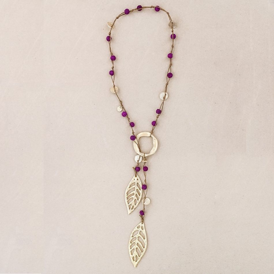 LONG NECKLACE BRAIDED LAVA BEADS METAL DOUBLE LEAF PENDANT