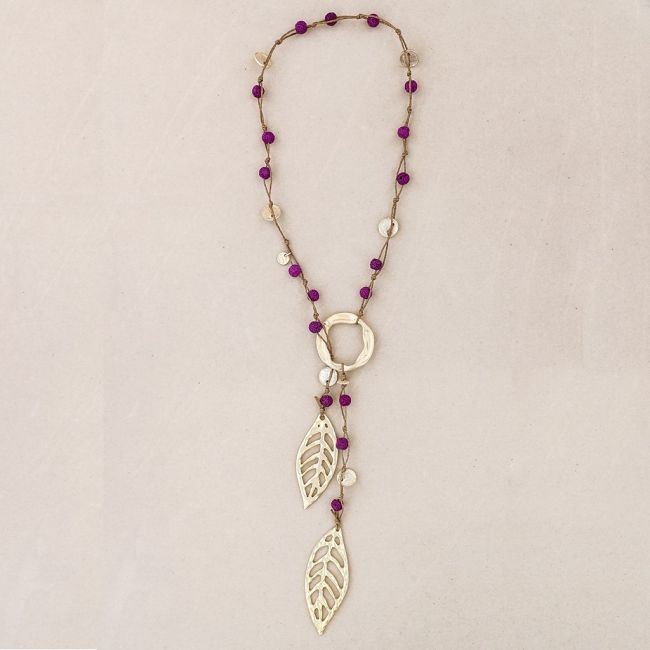 LONG NECKLACE BRAIDED LAVA BEADS METAL DOUBLE LEAF PENDANT