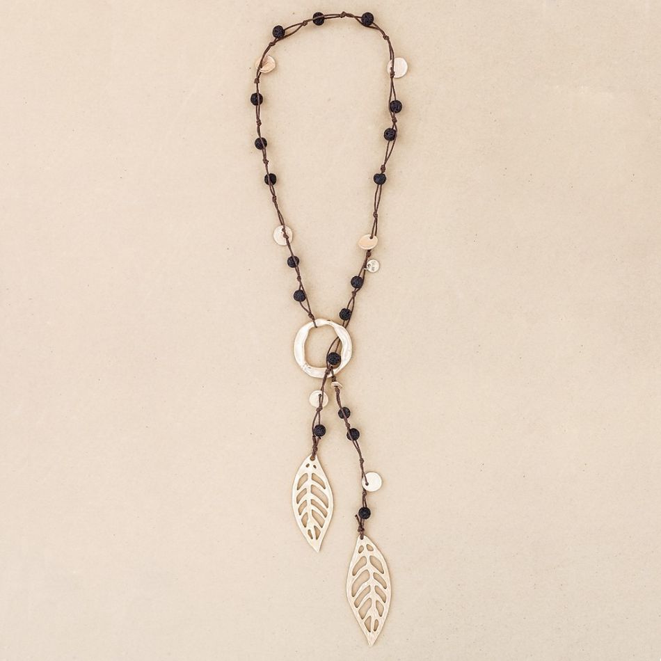 LONG NECKLACE BRAIDED LAVA BEADS METAL DOUBLE LEAF PENDANT