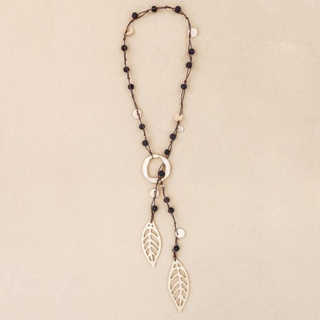 LONG NECKLACE BRAIDED LAVA BEADS METAL DOUBLE LEAF PENDANT
