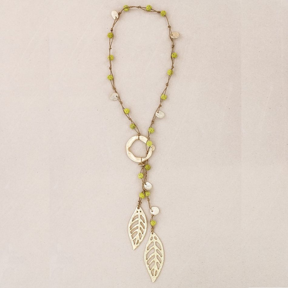 COLLAR LARGO CUENTAS LAVAS TRENZADAS COLGANTE DOBLE HOJA METAL