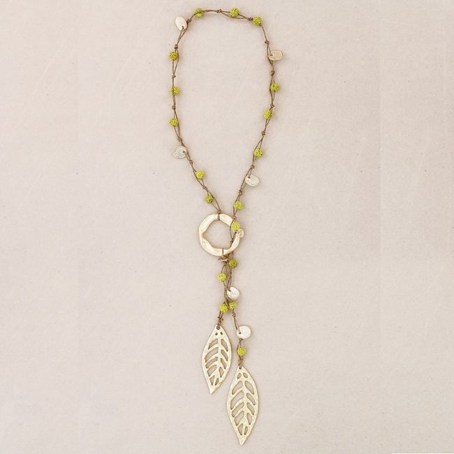 COLLAR LARGO CUENTAS LAVAS TRENZADAS COLGANTE DOBLE HOJA METAL