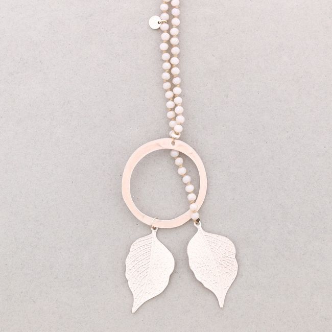 LONG NECKLACE FACETED CRYSTALS LEAVES METAL