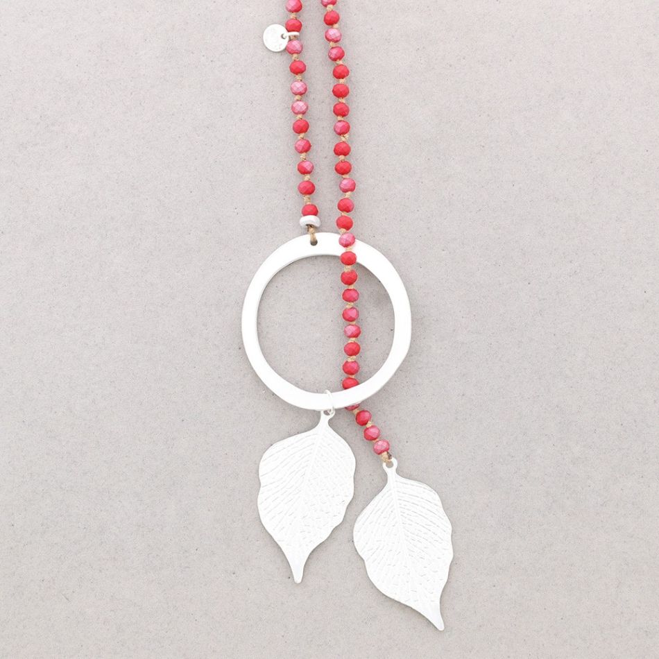 LONG NECKLACE FACETED CRYSTALS LEAVES METAL