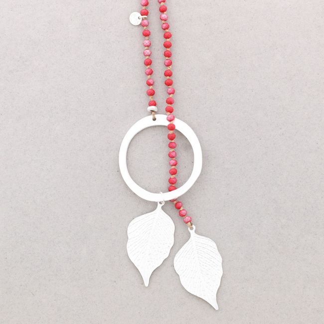 LONG NECKLACE FACETED CRYSTALS LEAVES METAL