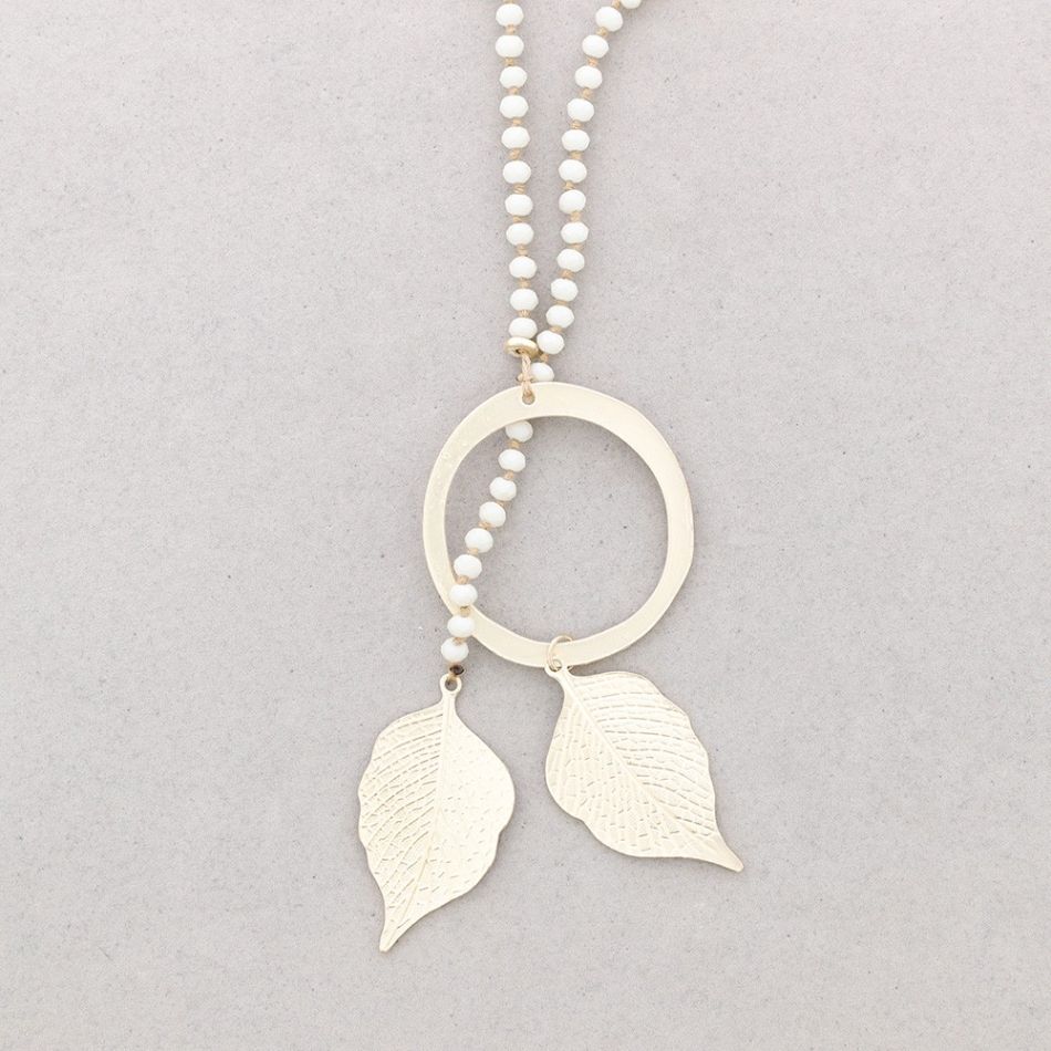 LONG NECKLACE FACETED CRYSTALS LEAVES METAL