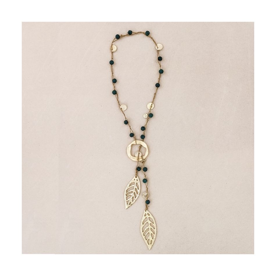 LONG NECKLACE BRAIDED LAVA BEADS METAL DOUBLE LEAF PENDANT