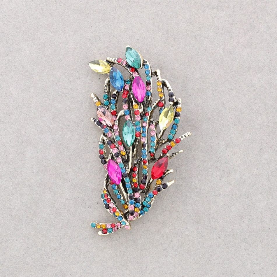 BROOCH LEAF BRANCH METAL CRYSTALS