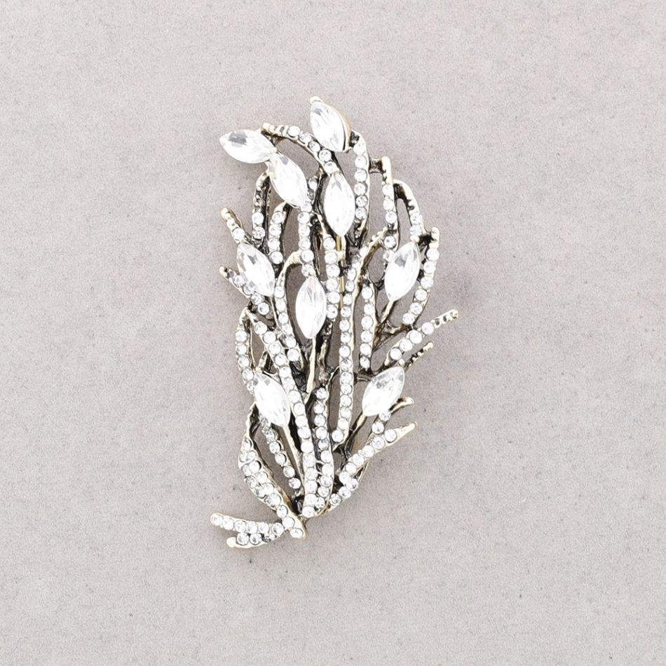 BROOCH LEAF BRANCH METAL CRYSTALS
