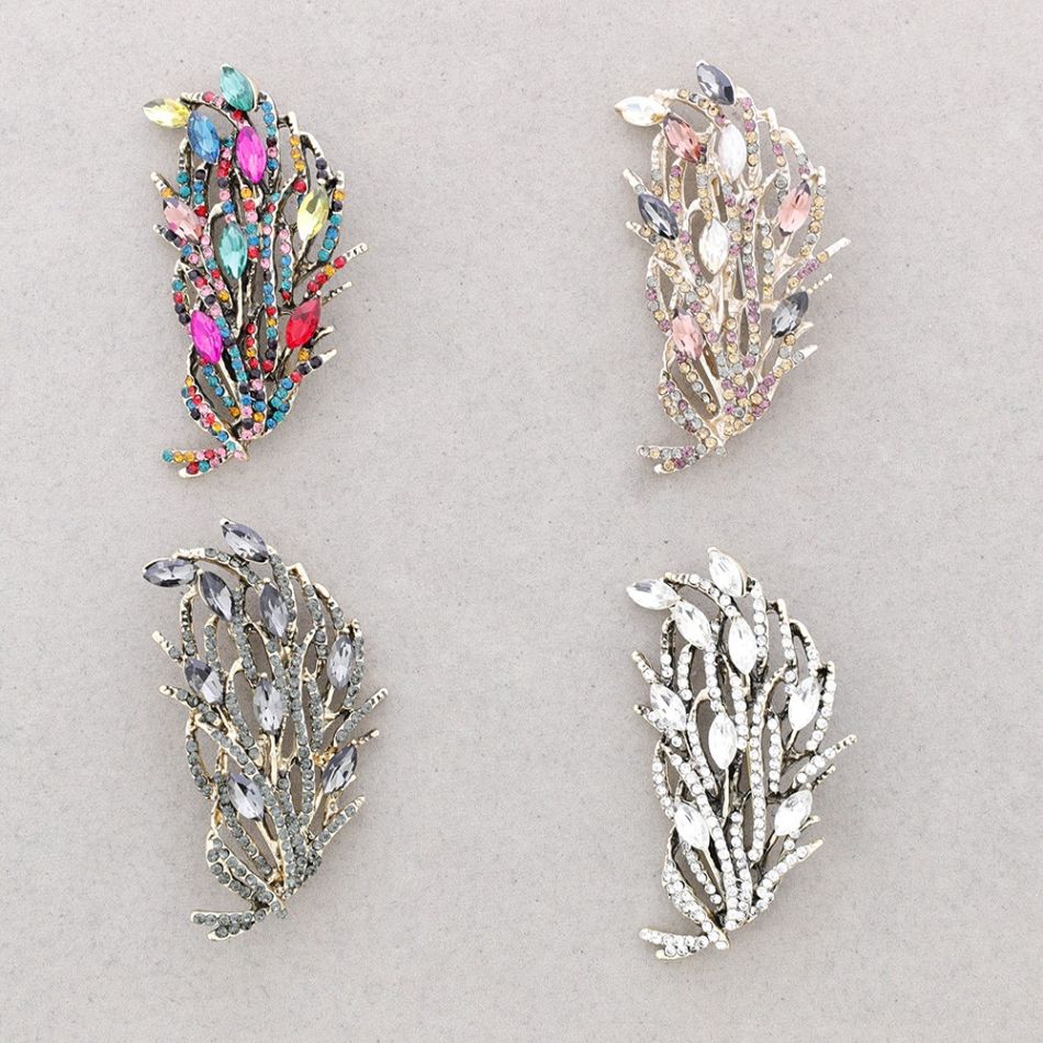BROOCH LEAF BRANCH METAL CRYSTALS