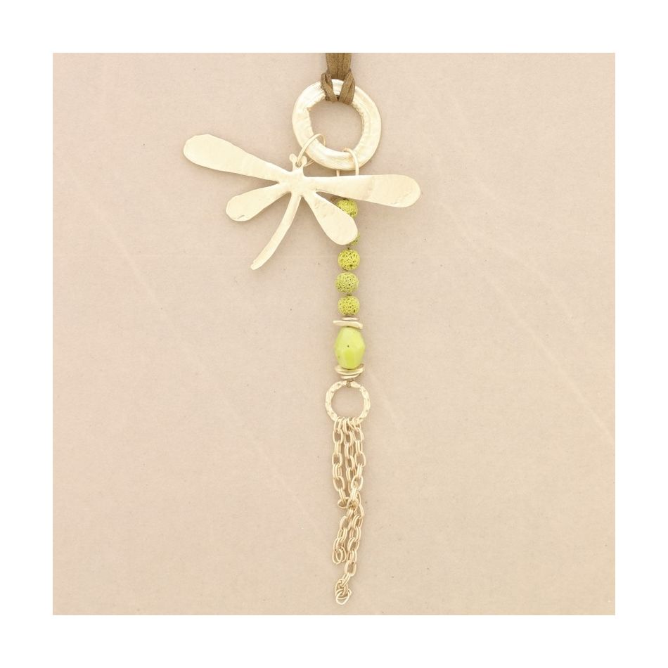 METAL DRAGONFLY PENDANT LONG NECKLACE WITH LAVA BEADS