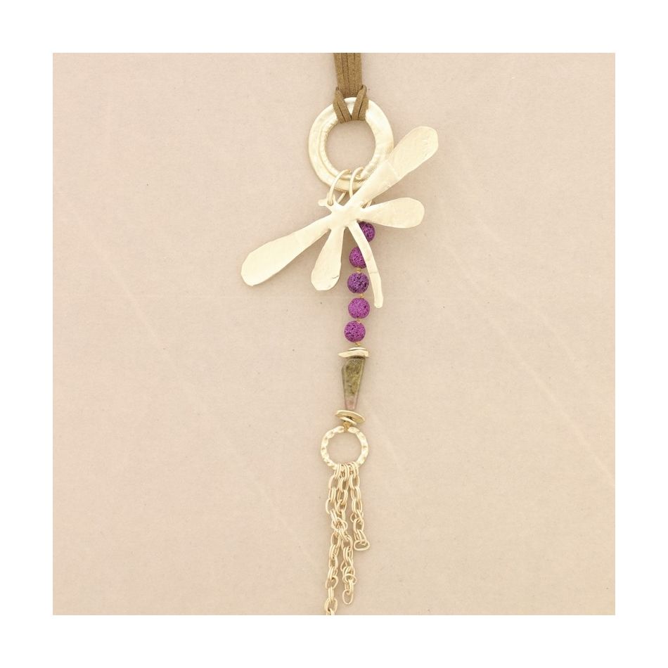 COLLAR LARGO COLGANTE LIBÉLULA METAL CUENTAS LAVAS