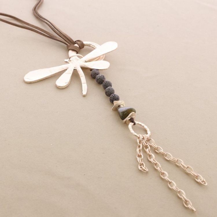 COLLAR LARGO COLGANTE LIBÉLULA METAL CUENTAS LAVAS