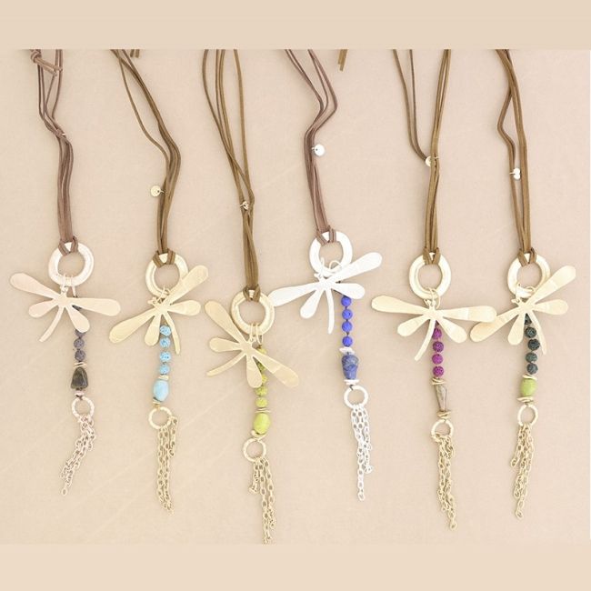 METAL DRAGONFLY PENDANT LONG NECKLACE WITH LAVA BEADS