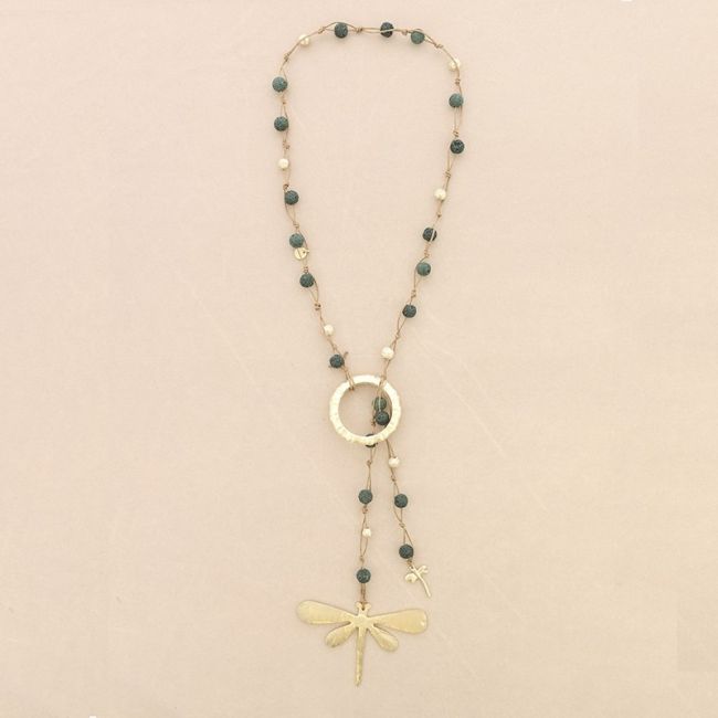 COLLAR LARGO CUENTAS LAVAS COLGANTE DOBLE LIBÉLULA METAL